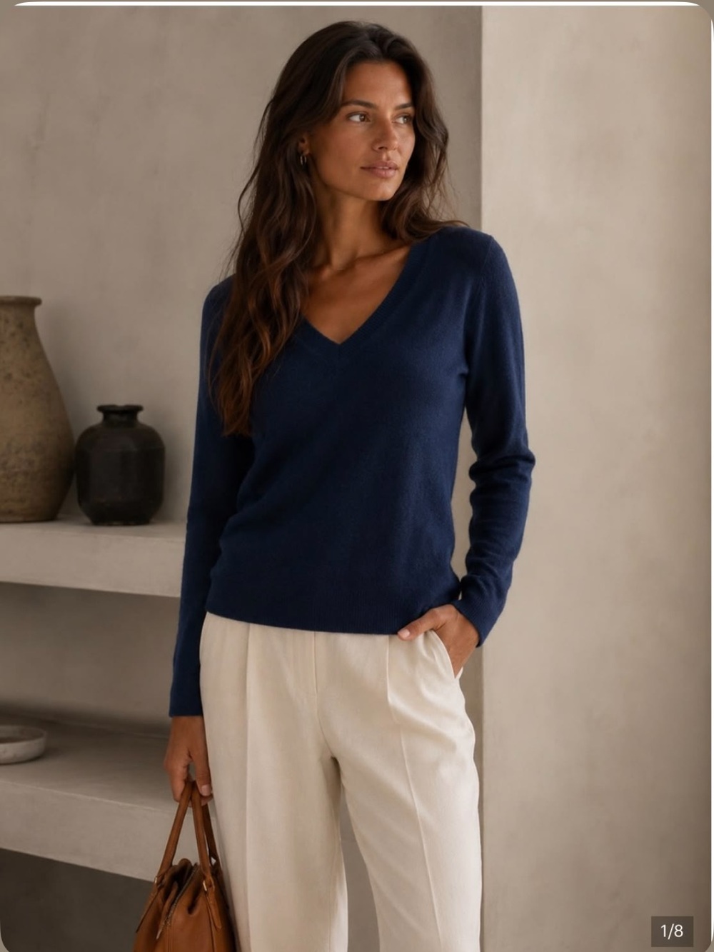 V-Neck Long Sleeve Knit Top in Navy